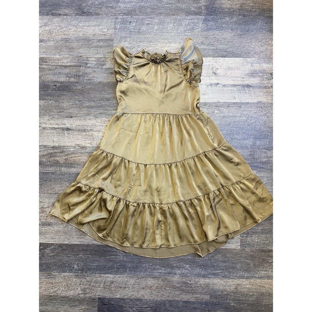 PINCH Metallic Golden Olive Tiered Dress Ruffle Capped Sleeves High Neck Small